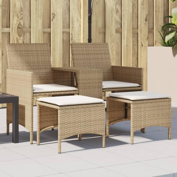 ARDEBO.de - Gartensofa 2-Sitzer mit Tisch und Hockern Beige Poly Rattan