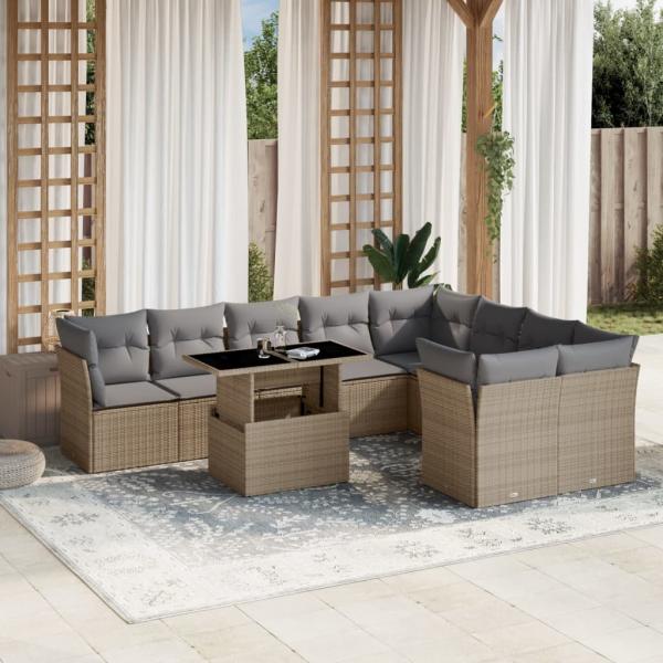 ARDEBO.de - 10-tlg. Garten-Sofagarnitur mit Kissen Beige Poly Rattan