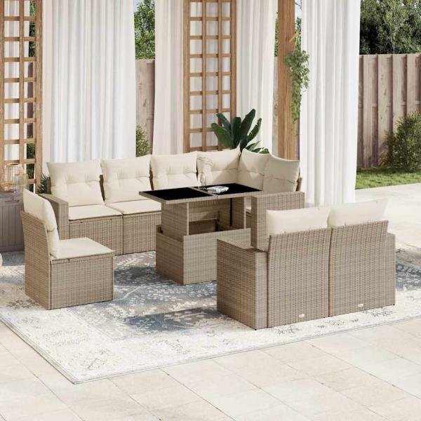 ARDEBO.de - 9-tlg. Garten-Sofagarnitur mit Kissen Beige Poly Rattan