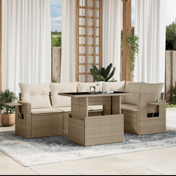 ARDEBO.de - 6-tlg. Garten-Sofagarnitur mit Kissen Beige Poly Rattan