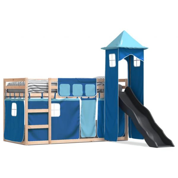 ARDEBO.de - Etagenbett mit Rutsche und Gardinen Blau 90x190 cm