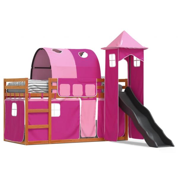 ARDEBO.de - Etagenbett mit Rutsche und Gardinen Rosa 90x200 cm