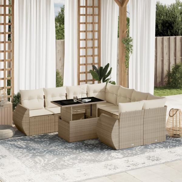 ARDEBO.de - 9-tlg. Garten-Sofagarnitur mit Kissen Beige Poly Rattan