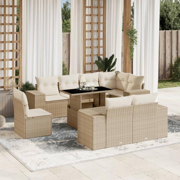 ARDEBO.de - 9-tlg. Garten-Sofagarnitur mit Kissen Beige Poly Rattan