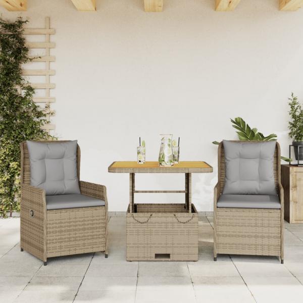 ARDEBO.de - 3-tlg. Bistro-Set mit Kissen Beige Poly Rattan