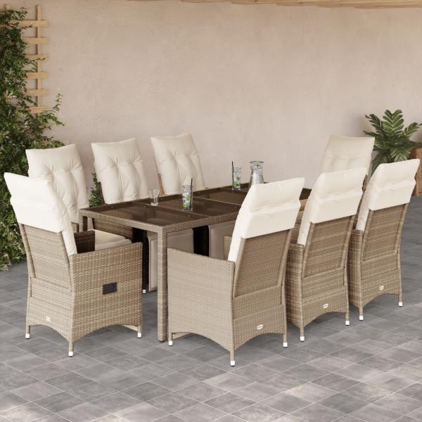 ARDEBO.de - 9-tlg. Garten-Bistro-Set mit Kissen Beige Poly Rattan