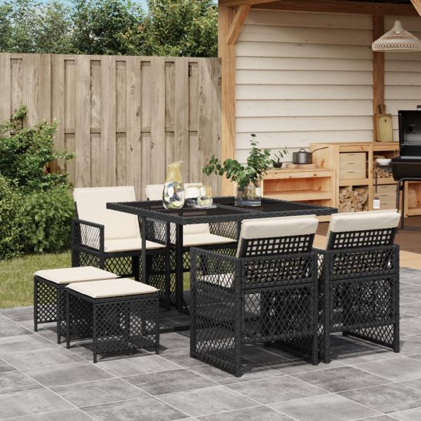 ARDEBO.de - 9-tlg. Garten-Essgruppe mit Kissen Schwarz Poly Rattan