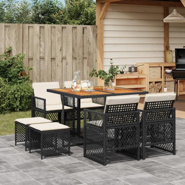 ARDEBO.de - 9-tlg. Garten-Essgruppe mit Kissen Schwarz Poly Rattan