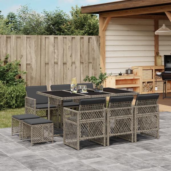 ARDEBO.de - 11-tlg. Garten-Essgruppe mit Kissen Grau Poly Rattan