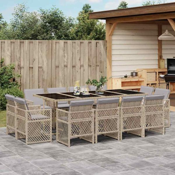 ARDEBO.de - 13-tlg. Garten-Essgruppe mit Kissen Beigemischung Poly Rattan