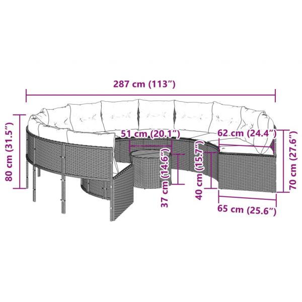 Gartensofa mit Tisch und Kissen Rund Schwarz Poly-Rattan