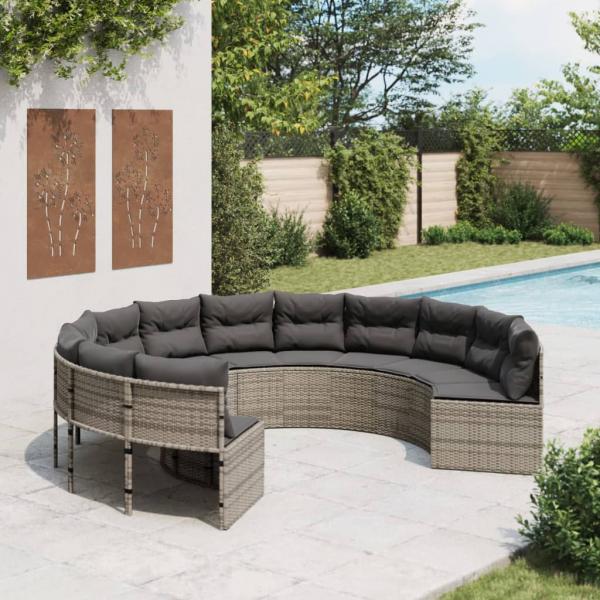 ARDEBO.de - Gartensofa mit Kissen Rund Grau Poly Rattan