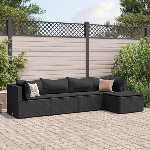 ARDEBO.de - 5-tlg. Garten-Lounge-Set mit Kissen Schwarz Poly Rattan