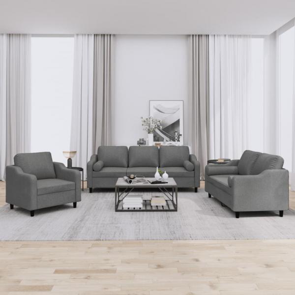 ARDEBO.de - 3-tlg. Sofagarnitur mit Kissen Dunkelgrau Stoff