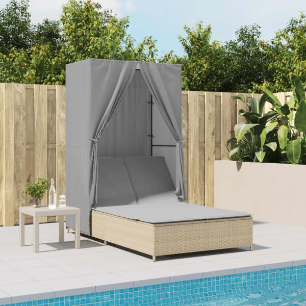 ARDEBO.de - Doppel-Sonnenliege mit Dach und Vorhängen Beige Poly Rattan