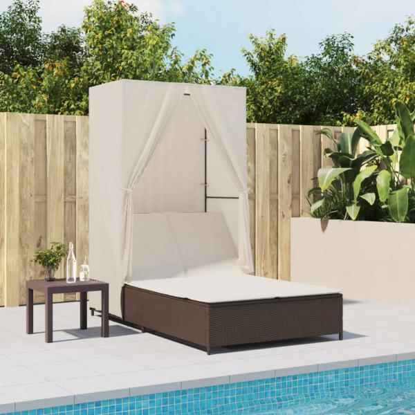 ARDEBO.de - Doppel-Sonnenliege mit Dach und Vorhängen Braun Poly Rattan