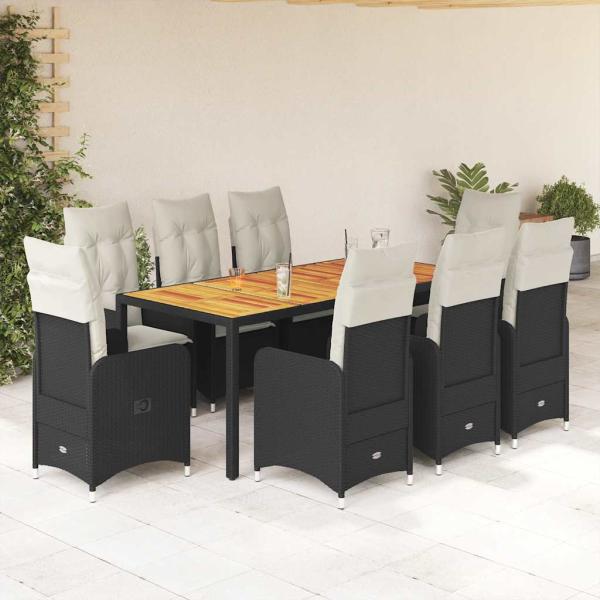 ARDEBO.de - 9-tlg. Garten-Bistro-Set mit Kissen Schwarz Poly Rattan