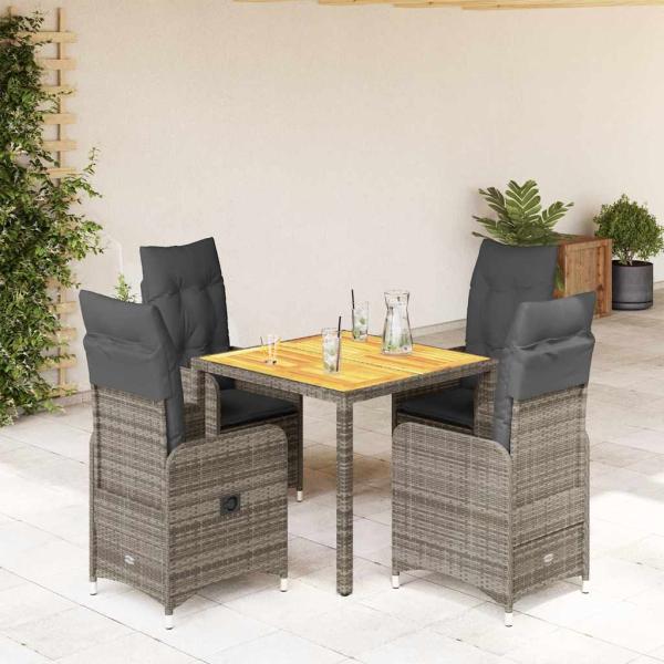 ARDEBO.de - 5-tlg. Garten-Bistro-Set mit Kissen Grau Poly Rattan