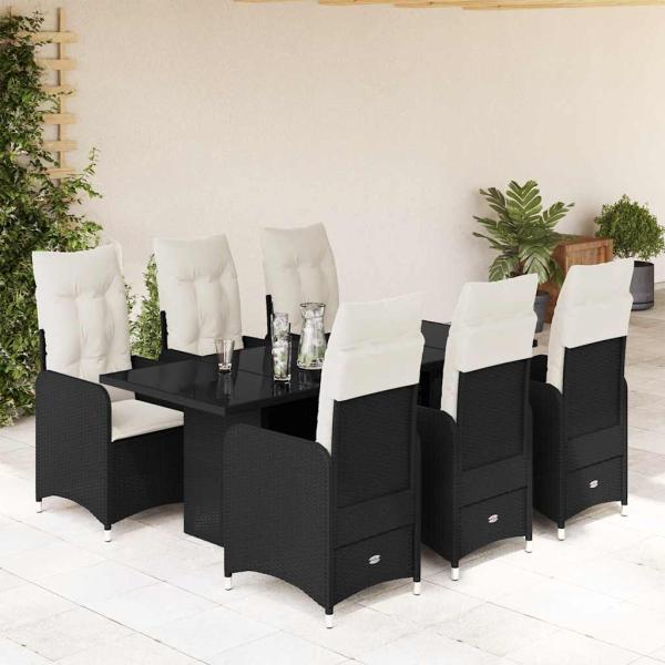 ARDEBO.de - 7-tlg. Garten-Bistro-Set mit Kissen Schwarz Poly Rattan