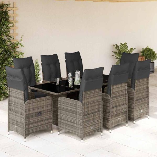 ARDEBO.de - 9-tlg. Garten-Bistro-Set mit Kissen Grau Poly Rattan