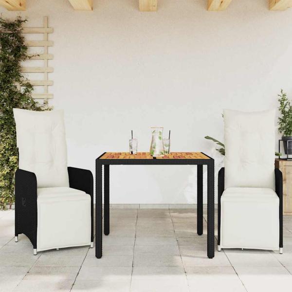 ARDEBO.de - 3-tlg. Garten-Bistro-Set mit Kissen Schwarz Poly Rattan