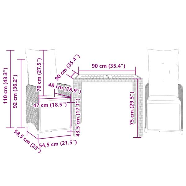 3-tlg. Garten-Bistro-Set mit Kissen Schwarz Poly Rattan