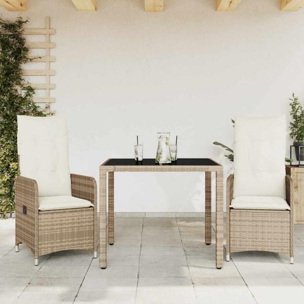 ARDEBO.de - 3-tlg. Garten-Bistro-Set mit Kissen Beige Poly Rattan