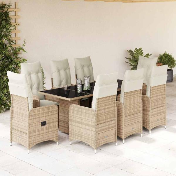 ARDEBO.de - 9-tlg. Garten-Bistro-Set mit Kissen Beige Poly Rattan