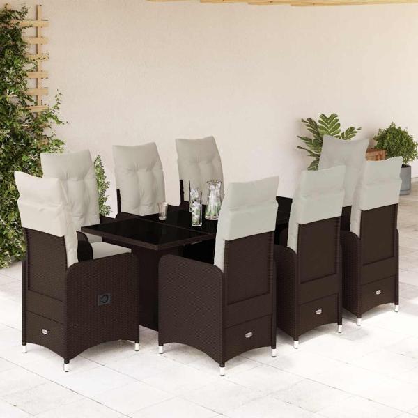 ARDEBO.de - 9-tlg. Garten-Bistro-Set mit Kissen Braun Poly Rattan