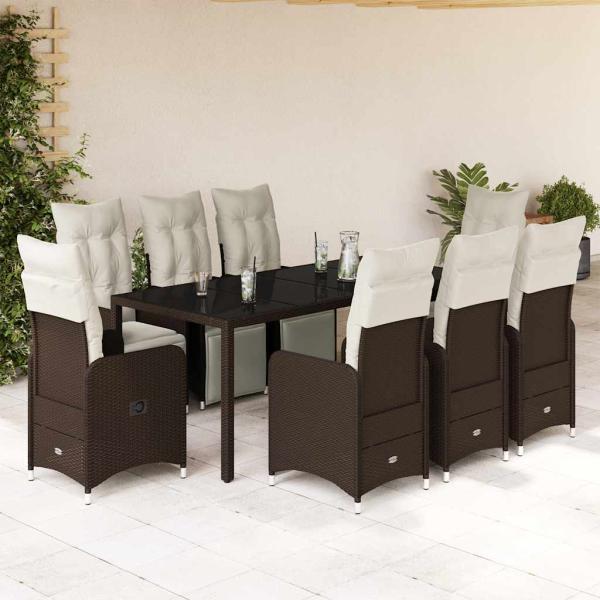 ARDEBO.de - 9-tlg. Garten-Bistro-Set mit Kissen Braun Poly Rattan