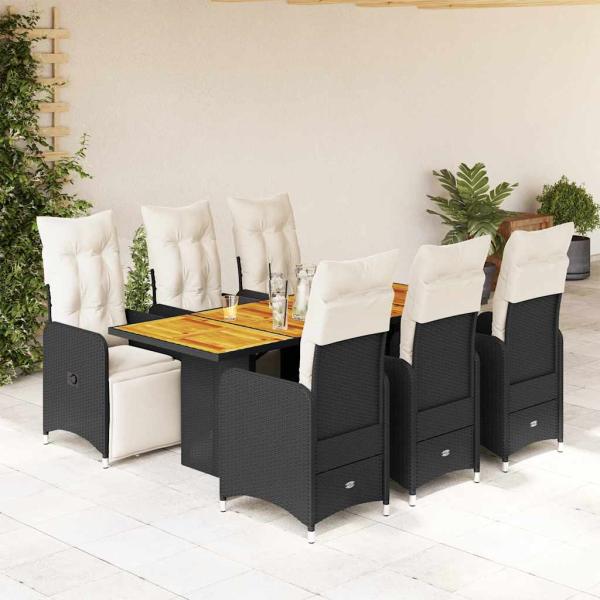 ARDEBO.de - 7-tlg. Garten-Bistro-Set mit Kissen Schwarz Poly Rattan