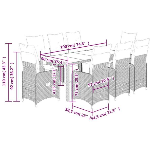 9-tlg. Garten-Bistro-Set mit Kissen Braun Poly Rattan