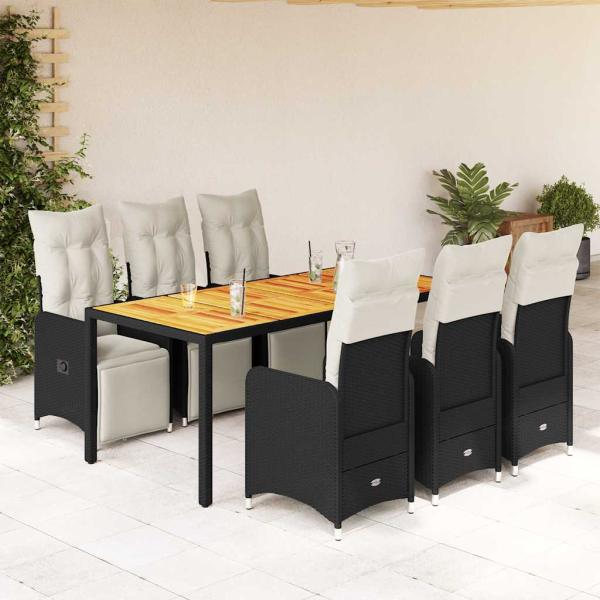 ARDEBO.de - 7-tlg. Garten-Bistro-Set mit Kissen Schwarz Poly Rattan