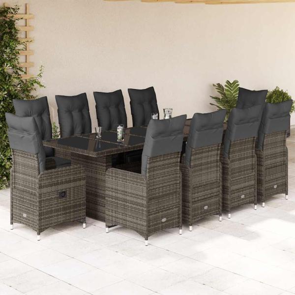 ARDEBO.de - 11-tlg. Garten-Bistro-Set mit Kissen Grau Poly Rattan
