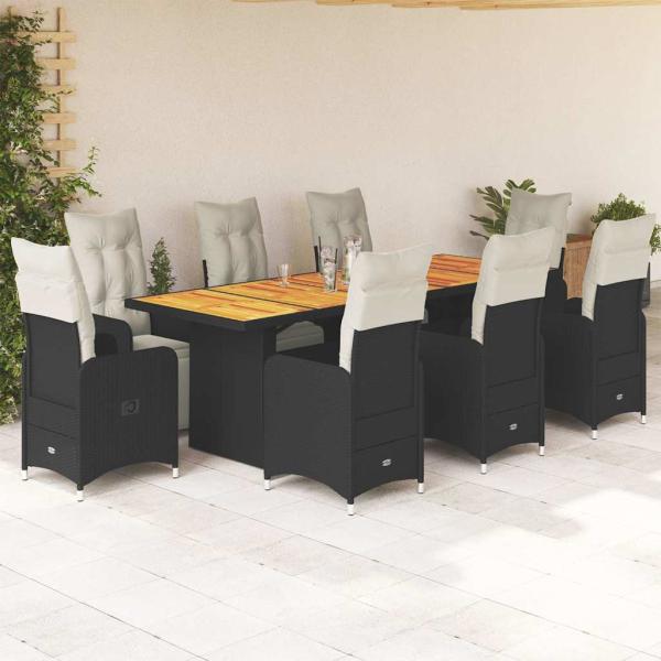 ARDEBO.de - 9-tlg. Garten-Bistro-Set mit Kissen Schwarz Poly Rattan