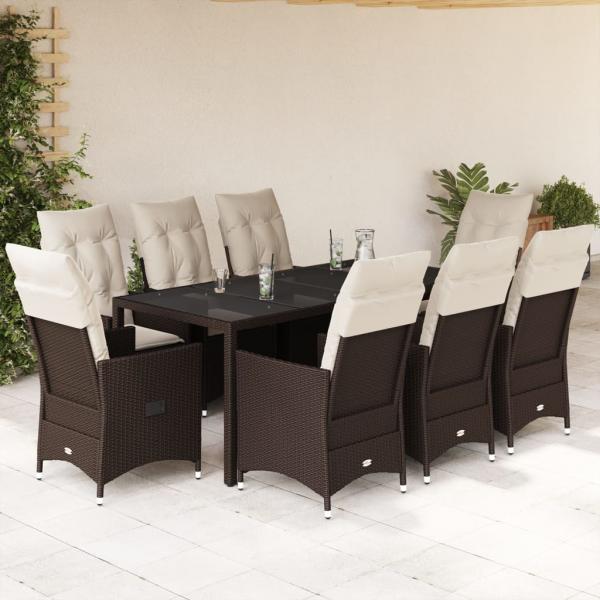 ARDEBO.de - 9-tlg. Garten-Essgruppe mit Kissen Braun Poly Rattan