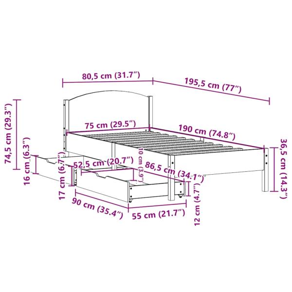 Massivholzbett ohne Matratze Wachsbraun 75x190 cm Kiefernholz