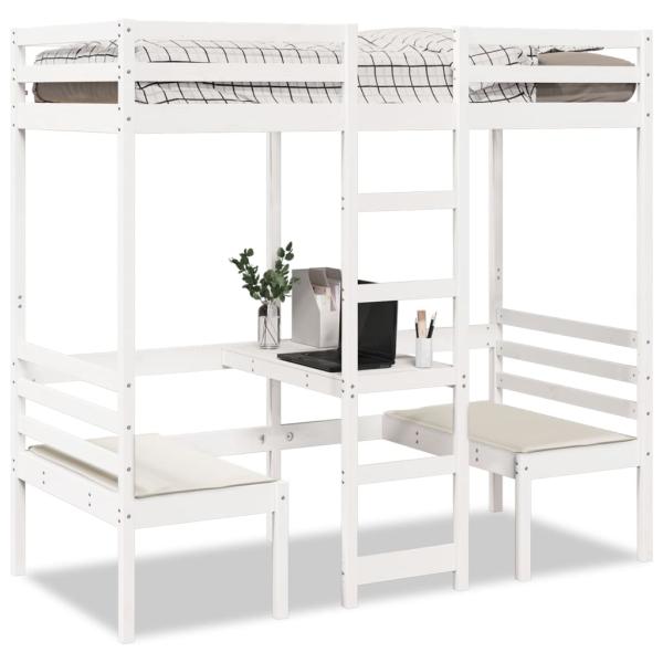 ARDEBO.de - Hochbett mit Schreibtisch & Stühlen Weiß 90x190 cm Kiefernholz