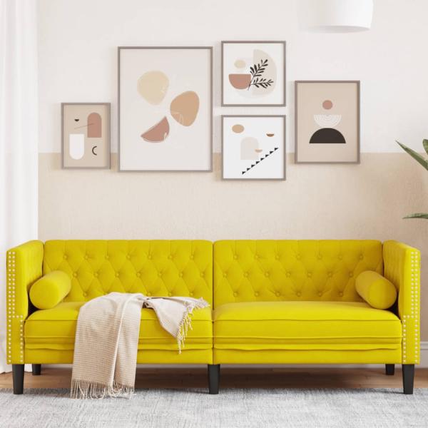 ARDEBO.de - Chesterfield-Sofa mit Nackenrollen 3-Sitzer Gelb Samt