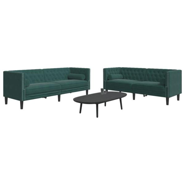 ARDEBO.de - 2-tlg. Chesterfield-Sofa-Set mit Nackenrollen Dunkelgrün Samt