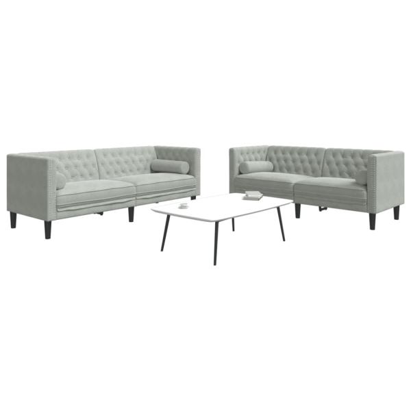 ARDEBO.de - 2-tlg. Chesterfield-Sofa-Set mit Nackenrollen Hellgrau Samt