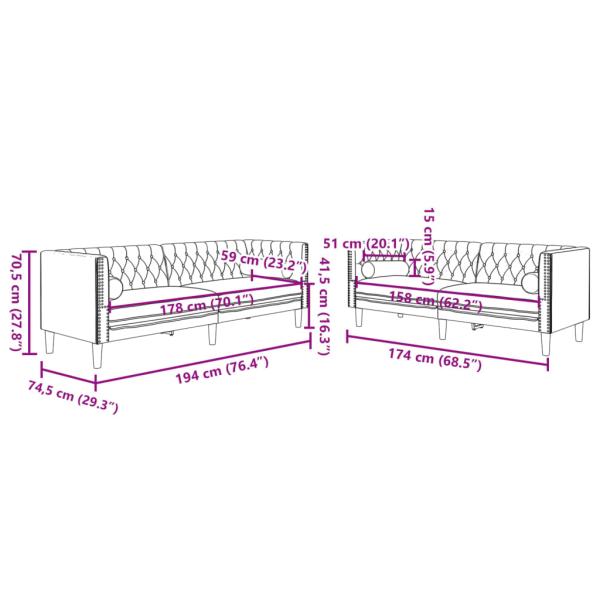 2-tlg. Chesterfield-Sofa-Set mit Nackenrollen Hellgrau Samt