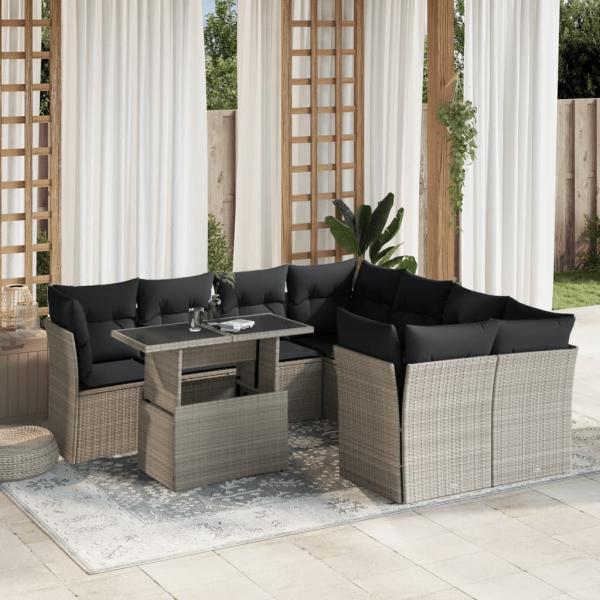 ARDEBO.de - 9-tlg. Garten-Sofagarnitur mit Kissen Hellgrau Poly Rattan