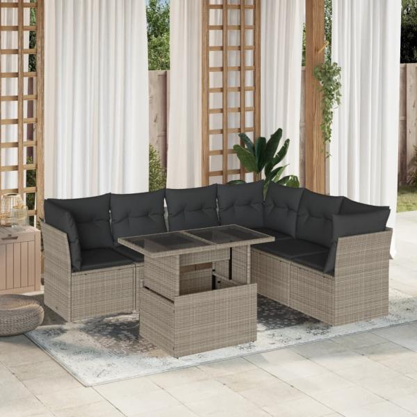 ARDEBO.de - 7-tlg. Garten-Sofagarnitur mit Kissen Hellgrau Poly Rattan