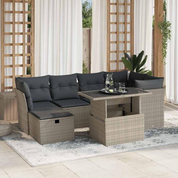ARDEBO.de - 7-tlg. Garten-Sofagarnitur mit Kissen Hellgrau Poly Rattan