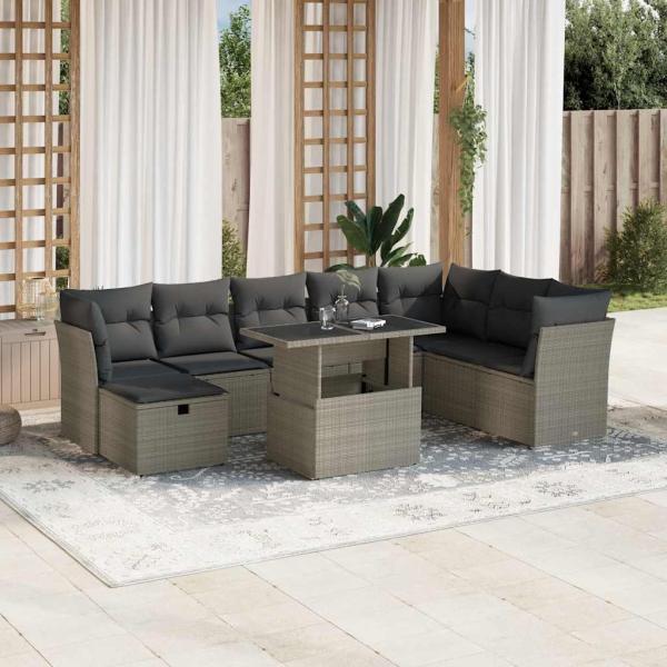 ARDEBO.de - 9-tlg. Garten-Sofagarnitur mit Kissen Hellgrau Poly Rattan