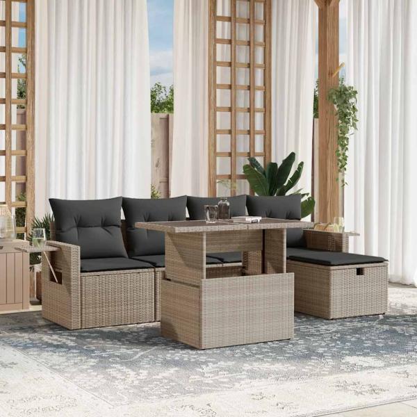 ARDEBO.de - 6-tlg. Garten-Sofagarnitur mit Kissen Hellgrau Poly Rattan