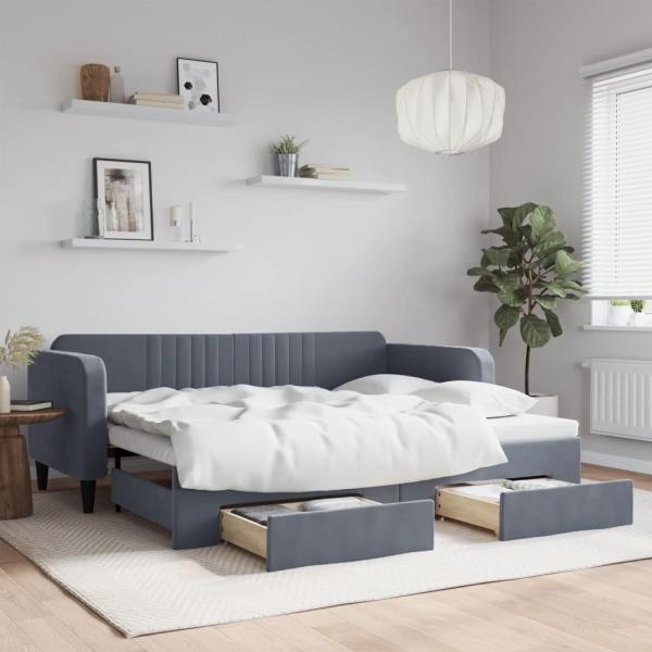 ARDEBO.de - Tagesbett Ausziehbar mit Schubladen Dunkelgrau 90x200 cm Samt