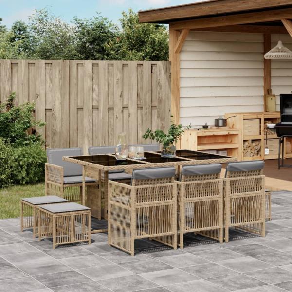 ARDEBO.de - 11-tlg. Garten-Essgruppe mit Kissen Beigemischung Poly Rattan