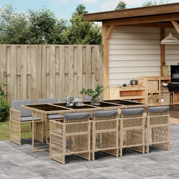 ARDEBO.de - 9-tlg. Garten-Essgruppe mit Kissen Beigemischung Poly Rattan